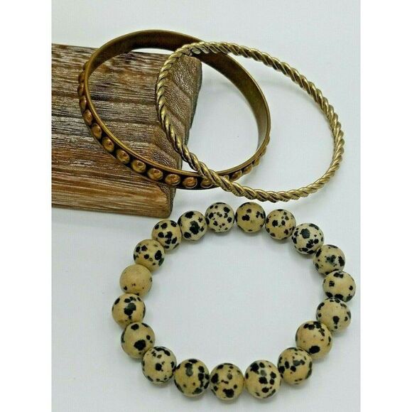 Bangle Bracelet LOT OF 3 Stone Beads Brass Dot & Gold Tone Twist - Picture 2 of 6